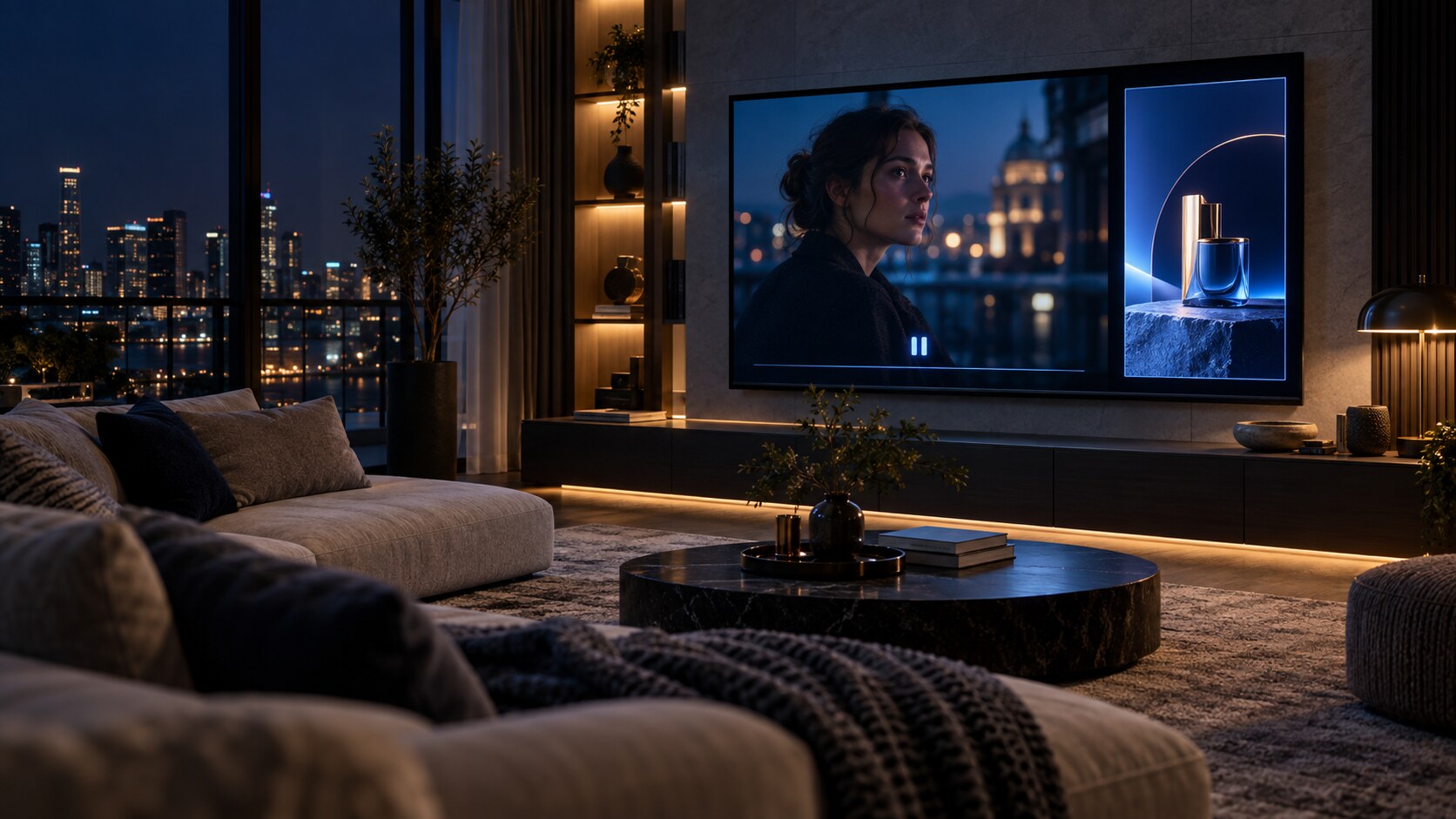 A premium living room screen showing a contextual pause-ad experience